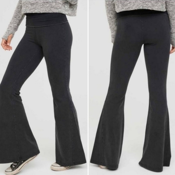 Aerie | Offline OG Super Flare Leggings Foldover Hi-Rise Black Medium Bell - Picture 2 of 12